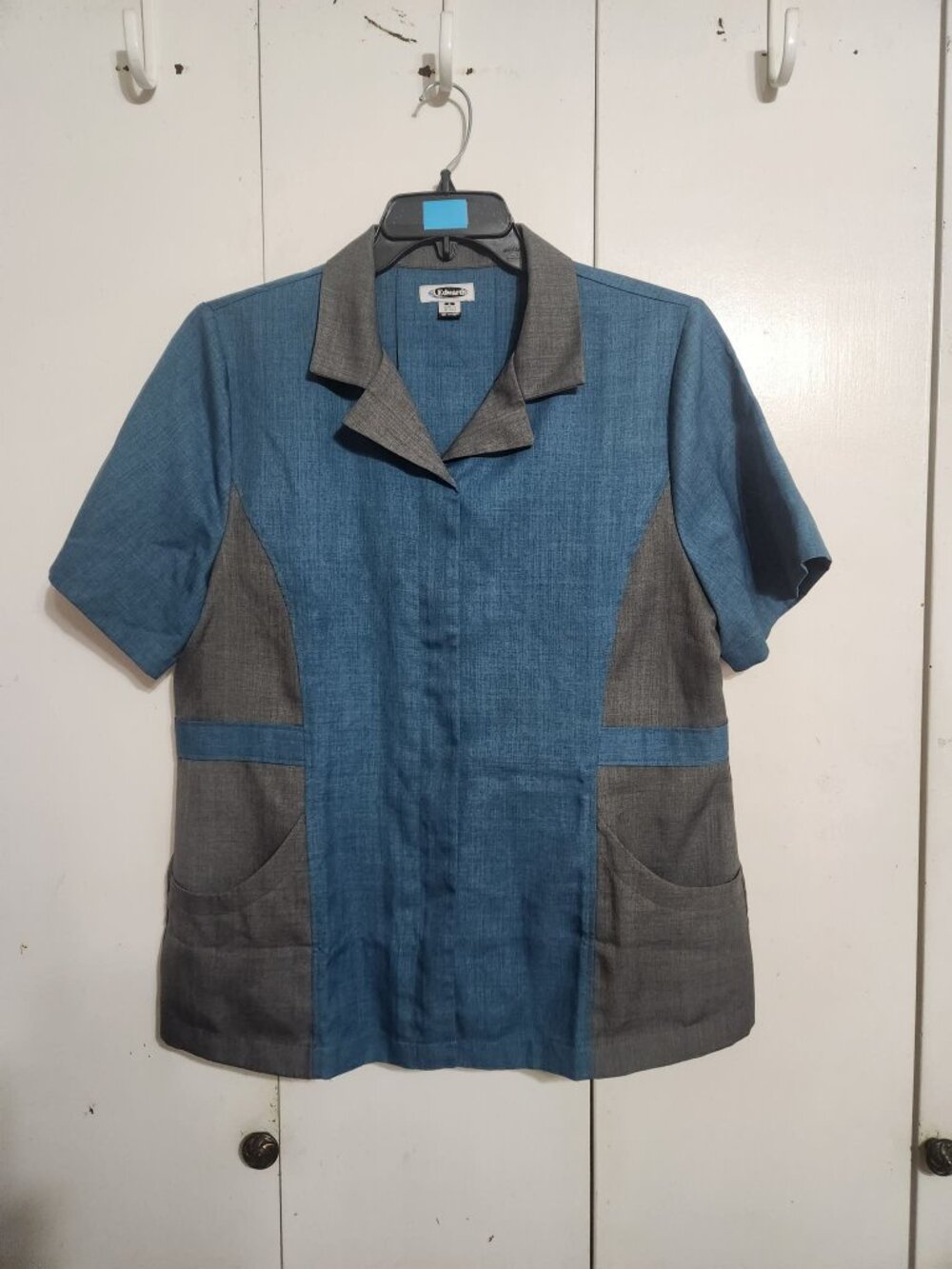 Edwards Women L Housekeeping Tunic Smock Zipper Uniform Top Blue Grey Pockets